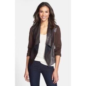 Kut From The Kloth Lincoln Brown Faux Leather Sweater Moto Jacket Womens size XS